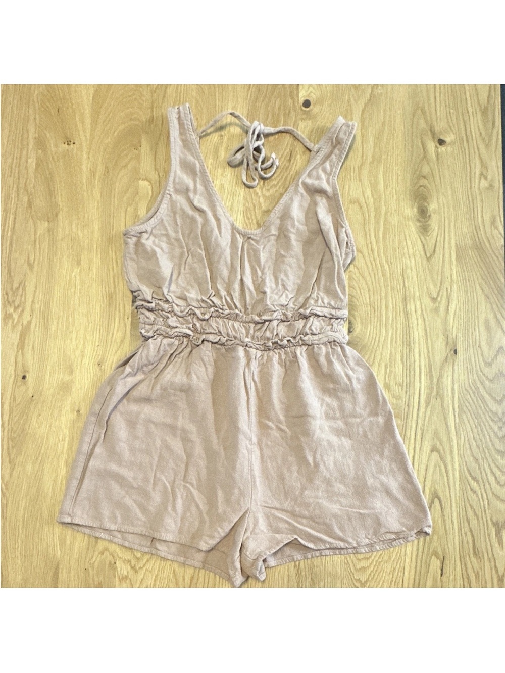 One Clothing Women’s Brown V-Neck Strappy Tie Back Ruffle Romper Woven S
